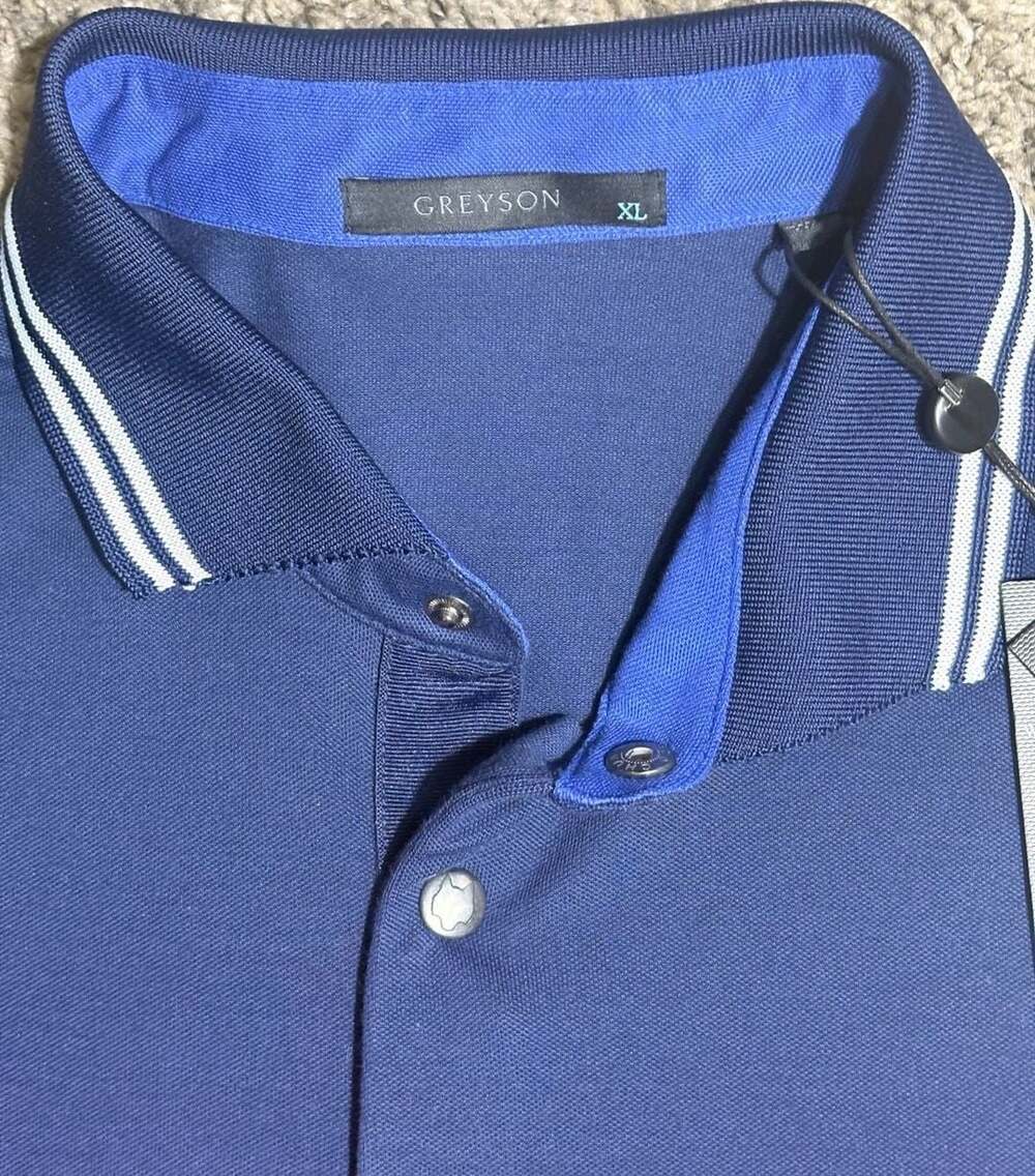 Greyson Golf Casual Performance Polo Shirt Mens Large Blue White Red Striped